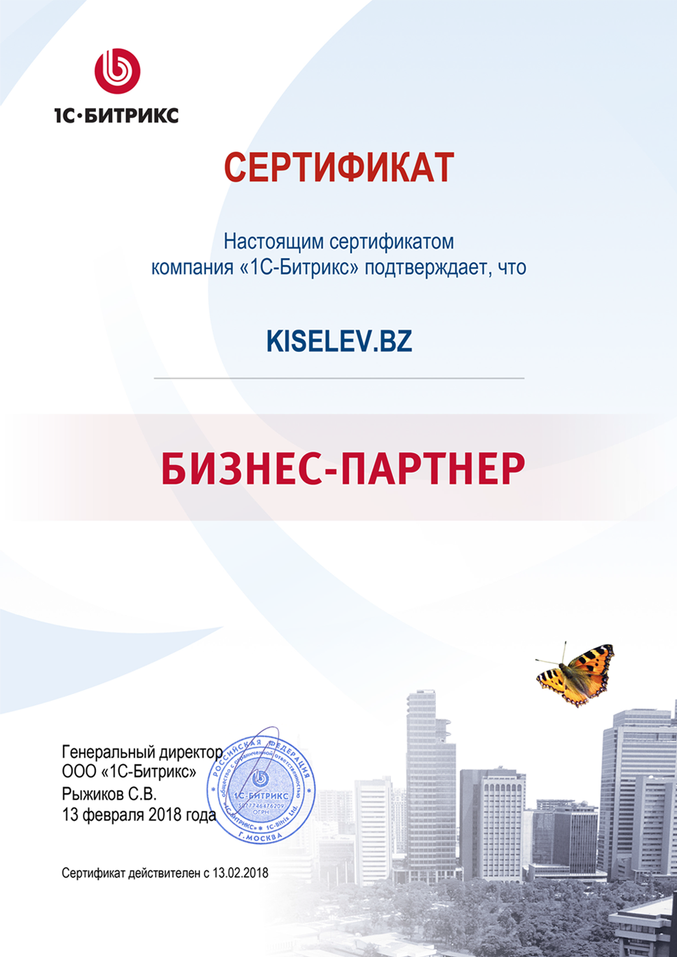 Сертификат партнёра по СРМ системам в Сергаче